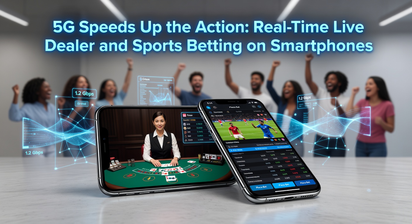 5G-Smartphone mit Live-Sportwette und Dealer-Stream, Geschwindigkeitsmesser im Hintergrund