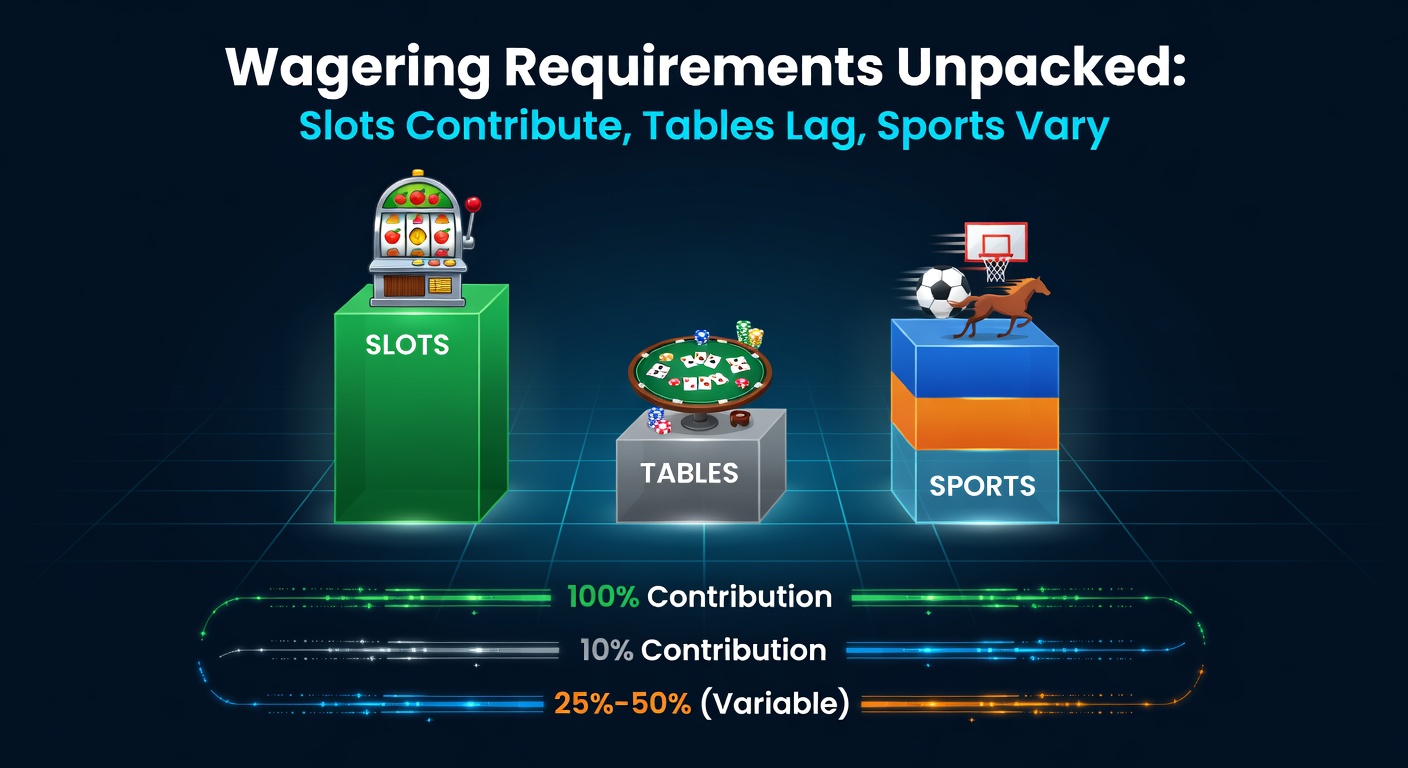 Detaillierte Tabelle mit Prozentbeiträgen für Slots, Tischspiele und Sportwetten bei verschiedenen Boni